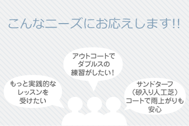 こんなニーズにお応えします!! -もっと実践的なレッスンを受けたい／アウトコートでダブルスの練習がしたい！／サンドターフ（砂入り人工芝）コートで雨上がりも安心